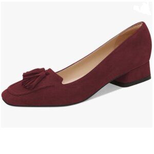 YDN Red Block Low Heel Loafer Square Toe Tassel Fringe Pump Slip On Dress Shoes